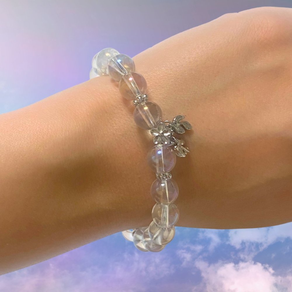 Genuine White Aura Quartz & Flower Charm Bracelet